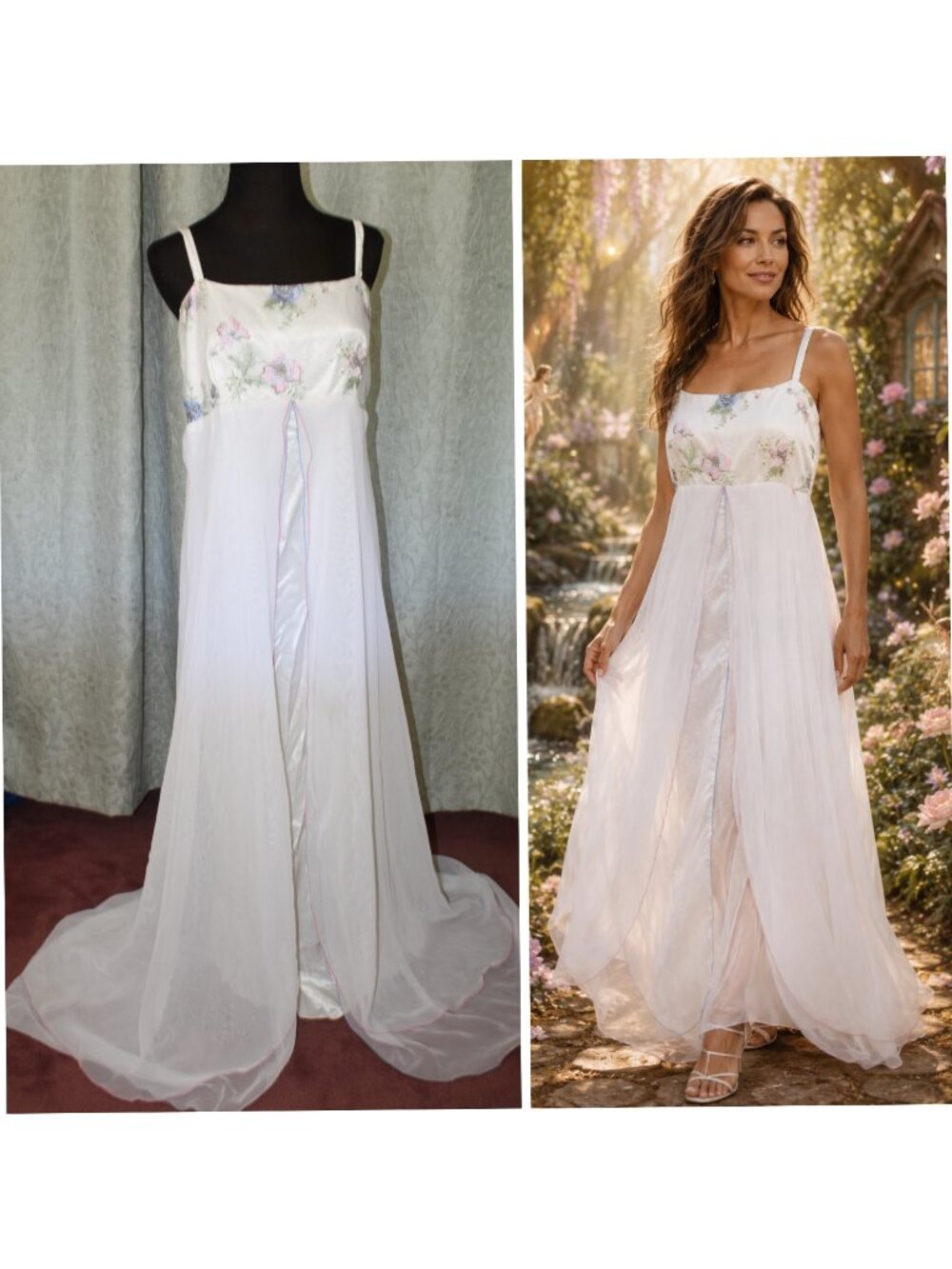 VTG 70's White Chiffon Long Dress 16 floral embroidered bodice sheer Skirt Fairy